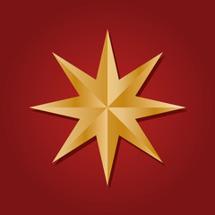 Icon of faceted golden star. Realistic three-dimensional six pointed hexagon isolated on red background. Decorative design element,