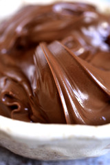 Homemade chocolate hazelnut spread in a white bowl .