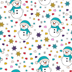 Christmas seamless pattern with snowman, fir trees and snowflakes. Perfect for wallpaper, wrapping paper, pattern fills, winter greetings, web page background