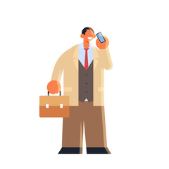 businessman talking on mobile phone business man standing with suitcase using smartphone communication concept male office worker in formal wear flat full length