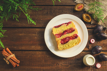 plum pie (delicious dessert, pastries with fruit) menu concept. food background. copy space. Top viev
