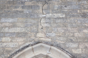 Rulers measuring the cracks in church wall