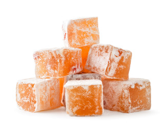 Pile of turkish delight cubes on a white, isolated.