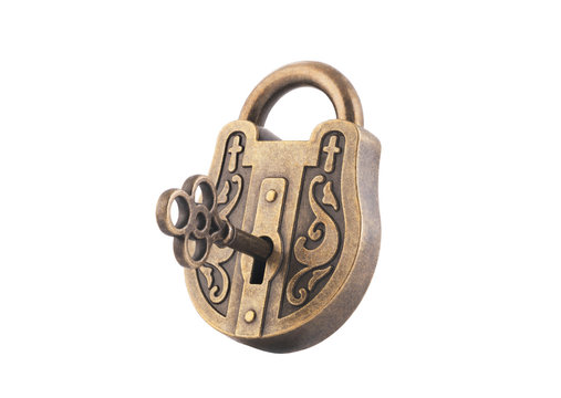 Vintage padlock and key isolated on white background with clipping path 