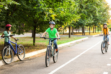 Cute children riding bicycles outdoors