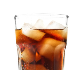 Glass of cold cola on white background