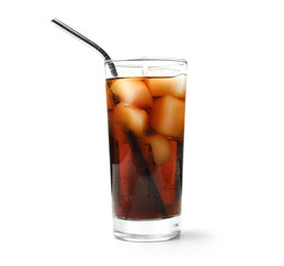 Glass of cold cola on white background