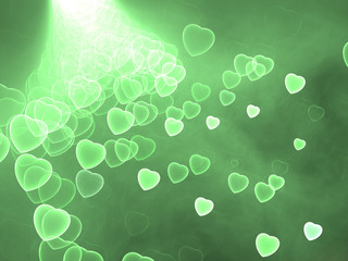 Abstract Illustration - Glowing Green Bokeh Hearts, soft shapes blurred background. Magical fantasy background image, vibrant transparent glowing shapes. Colored hearts, digital artwork, random