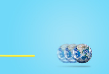 Ecology and Environmental Pollution Concept : Abstract image of Yellow straw blowing blue planet earth in blue background.. (Elements of this image furnished by NASA.)