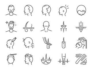 Hair Transplantation line icon set. Included icons as Hair Transplant, hair loss, hair follicles, FUE, FUT, alopecia and more.