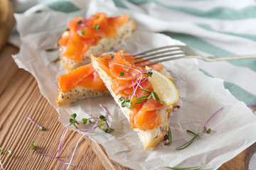 Tasty sandwiches with salmon on board