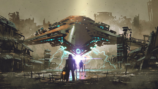 the encounter between two futuristic humans with the spaceship in the background against an abandoned earth, digital art style, illustration painting