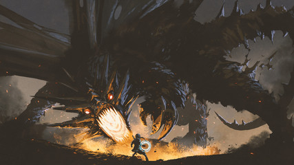 fantasy scene showing the girl fighting the fire dragon, digital art style, illustration painting