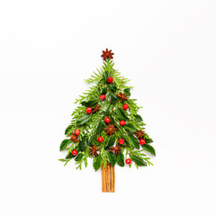 Christmas composition in shape of Christmas tree with branches of thuja, spruce and spices on white background. Merry christmas greeting card with empty space for holiday text.