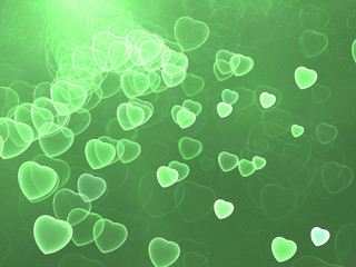 Abstract Illustration - Glowing Green Bokeh Hearts, soft shapes blurred background. Magical fantasy background image, vibrant transparent glowing shapes. Colored hearts, digital artwork, random