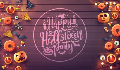 Fototapeten Happy Halloween Party with candle light,pumpkin and Halloween Elements on wood background.Romantic Halloween date night Concept.Website spooky,Background or banner template.Vector illustration eps10 © Fotomay