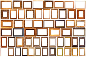 Collection of golden picture frames isolated on white background set