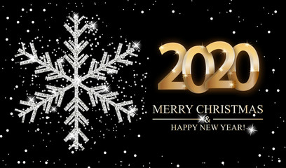 Christmas and New Year black background with silver snowflake and 2020 numbers. Xmas decoration. Template for greeting card, banner or poster. Vector