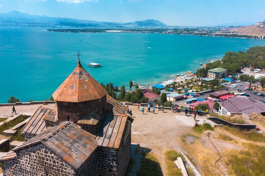 old Sevanavank monastery on the shore of lake Sevan in Armenia. in summer on a clear Sunny day. photography from the quadrocopter.