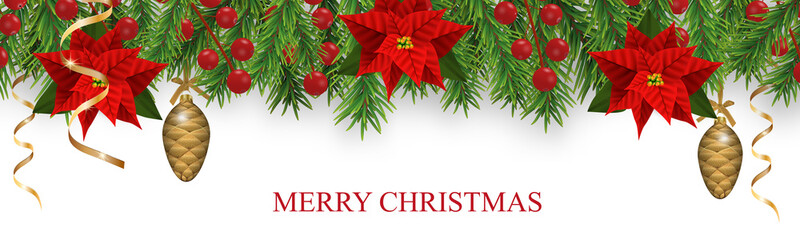 Christmas border decorations with fir branches, poinsettia, holly berries, baubles cones and golden ribbons. Design element for Xmas isolated on white background. Vector
