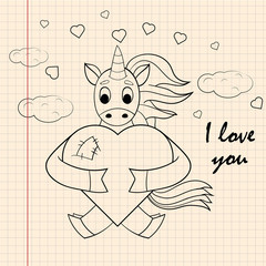 contour childrens illustration little unicorn hugs heart with I love you drawn on a notebook in the box
