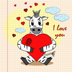 contour color childrens illustration little zebra hugs heart with I love you drawn on a notebook in the box