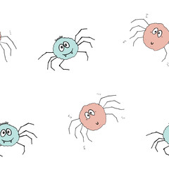 Cute Spider Seamless Pattern, Cartoon Hand Drawn Spider Doodles Vector Background Illustration