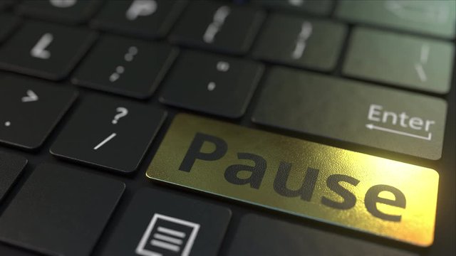 Black computer keyboard and gold pause key. Conceptual 3D animation