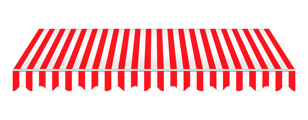 Striped red awning isolated on white background, realistic vector mockup. Canopy for restaurant, cafe, hotel or store. Tent roof, template for design - obrazy, fototapety, plakaty
