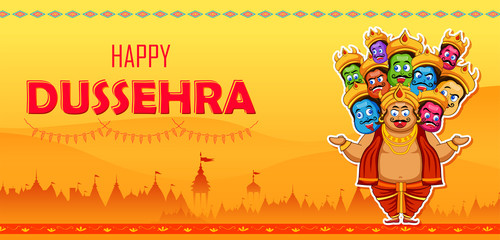 illustration of Ravana with ten heads for Navratri festival of India poster for Dussehra