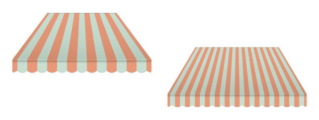 Striped vintage awning canopy, vector illustration. Window sunshade isolated on white background. Tent roof with wave edge, template for design
