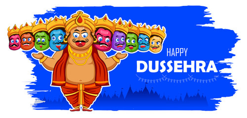 illustration of Ravana with ten heads for Navratri festival of India poster for Dussehra