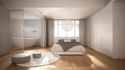 Luxury contemporary bedroom with bathroom, parquet floor, big panoramic window, stained glass, double bed, bathtub, carpet with pouf, minimalistic clean white interior design