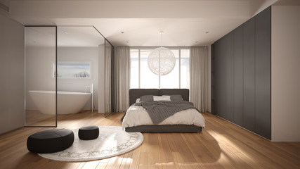 Luxury contemporary bedroom with bathroom, parquet floor, big panoramic window, stained glass, double bed, bathtub, carpet with pouf, minimalistic clean white and gray interior design