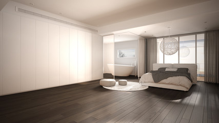 Luxury contemporary bedroom with bathroom, parquet floor, big panoramic window, stained glass, double bed, bathtub, carpet with pouf, minimalistic clean white and gray interior design