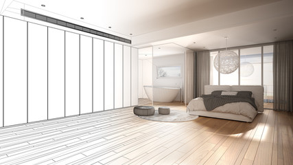 Architect interior designer concept: unfinished project that becomes real, luxury bedroom with bathroom, parquet, panoramic window, bed, bathtub, modern architecture concept idea