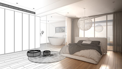 Architect interior designer concept: unfinished project that becomes real, luxury bedroom with bathroom, parquet, panoramic window, bed, bathtub, modern architecture concept idea