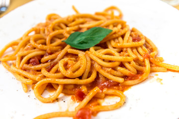 Plate with Tuscan pici pasta with garlic and tomato