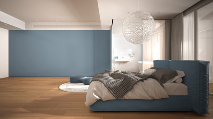 Luxury contemporary bedroom with bathroom, parquet floor, big panoramic window, stained glass, double bed, bathtub, carpet, poufs, minimalistic clean white and blue interior design