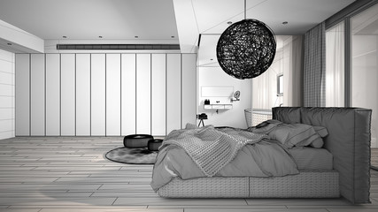 Unfinished project of luxury contemporary bedroom with bathroom, parquet floor, panoramic window, stained glass, double bed, bathtub, carpet, poufs, modern architecture concept idea