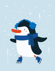 Winter sport penguin baby with snowflakes background. Outdoor holiday activity. Doodle cartoon animal character illustration. For print, poster, calendar, decoration, textile, card, souvenirs