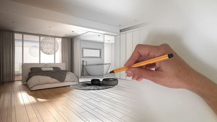 Architect interior designer concept: hand drawing a design interior project while the space becomes real, modern white and wooden bedroom with double bed, bathroom with bathtub