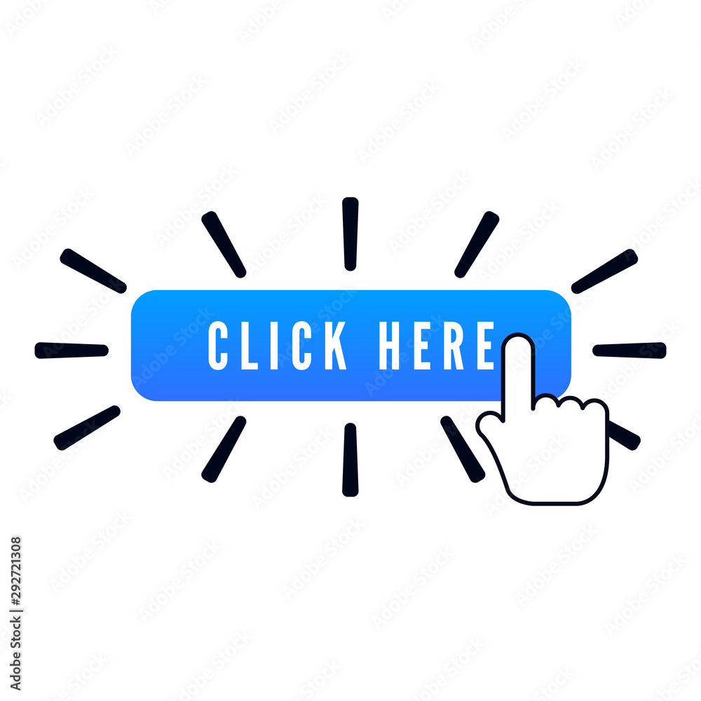 Poster hand pointer with animation of action over blue button with text click here on white background. web