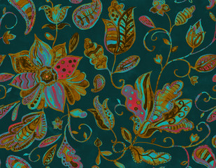 Paisley watercolor floral pattern tile:  flowers, flores, tulips, leaves. Oriental indian traditional hand painted water color whimsical seamless print, ceramic design. Abstract india batik background