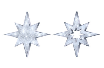 Set of Christmas silver stars. Luxury and glamour glitter star. Decoration element for holiday card or banner. Vector illustration