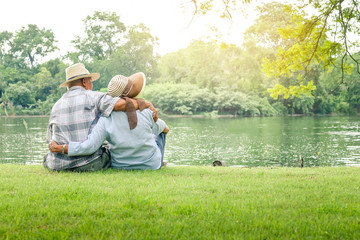An elderly couple hugging each other with love and happiness in a park with a large pond. Senior community concept, good health, longevity - obrazy, fototapety, plakaty