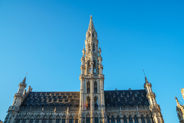 Fototapeta na wymiar Tower Of The Beautiful Medieval City Hall Building In Brussels.
