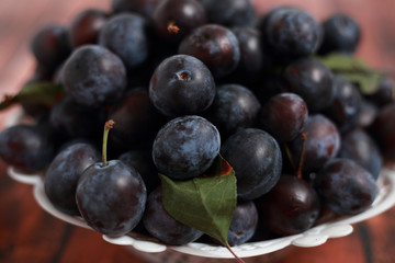 blue plums from his garden on a wooden table