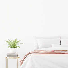 Bedroom interior wall mockup with unmade bed, pink plaid and green fern plant on empty white wall background. 3D rendering, illustration.