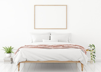 Poster mockup with horizontal wooden frame hanging on the wall in bedroom interior with unmade bed, pink plaid and green plants on empty white background. 3D rendering, illustration.